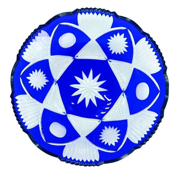 Cobalt Blue Crystal Cut to Clear Bowl with Scallop and Sawtooth Rim ~7.5" Diam - Picture 13 of 13